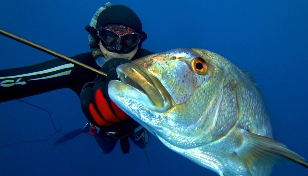 Marco Bardi in acqua con un bel dentice appena sparato