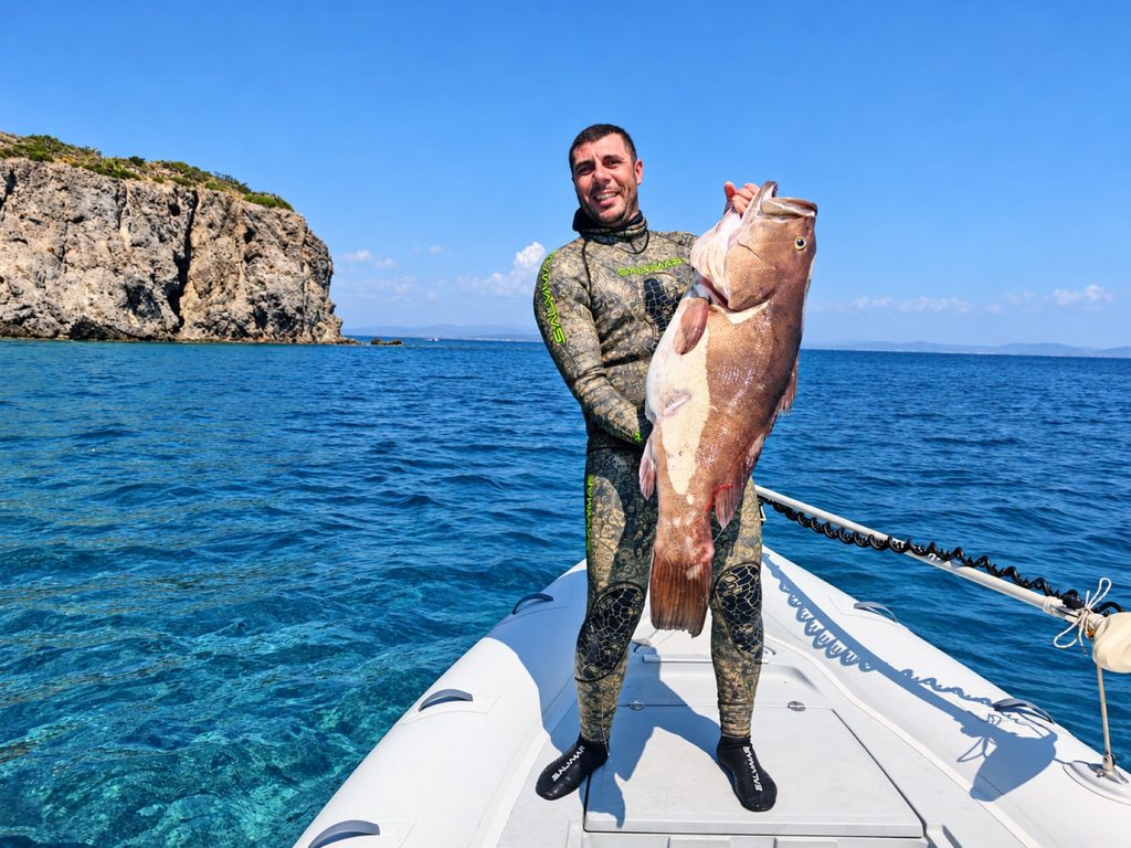 Fabio Dessì avec un gros mérou blanc. Le champion sarde se prépare à participer en tant que titulaire au Championnat euro-africain de pêche en apnée CMAS 2026 au Monténégro 